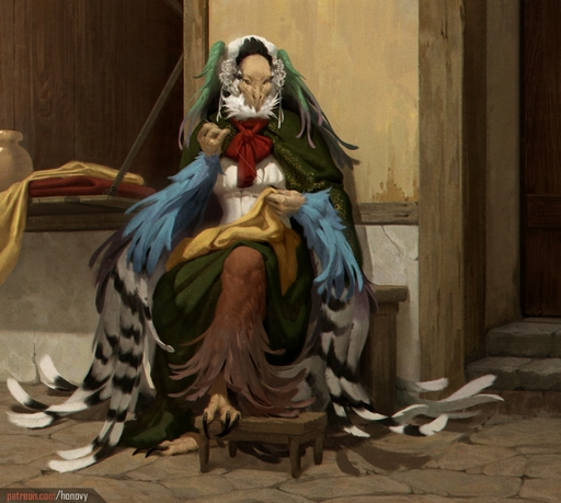2020 3_toes 4_fingers anthro avian bird claws clothing day detailed_background digital_media_(artwork) feathers feet female fingers hi_res honovy mask multicolored_body multicolored_feathers outside sewing sitting solo toes // 1900x1704 // 402.8KB