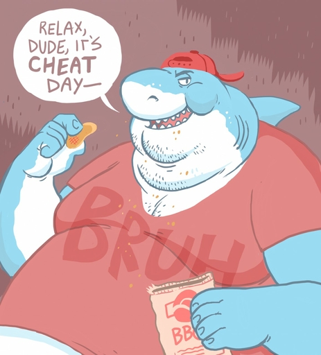 anthro chips_(food) clothed clothing crumbs dewlap_(anatomy) dialogue double_chin dramamine eating english_text facial_hair fish food hat headgear headwear hi_res looking_at_viewer male marine morbidly_obese morbidly_obese_anthro morbidly_obese_male obese obese_anthro obese_male open_mouth overweight overweight_anthro overweight_male shark shirt simple_background solo speech_bubble text topwear // 1158x1280 // 155.5KB