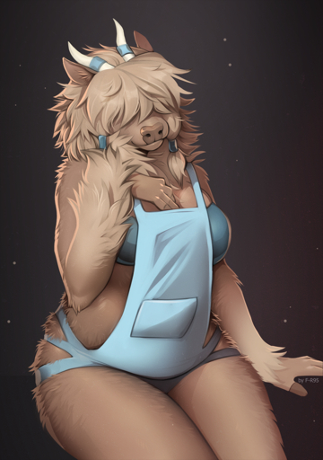 2019 anthro apron arm_tuft artist_name big_breasts bovid bovine bra breasts cattle clothed clothing digital_media_(artwork) digital_painting_(artwork) f-r95 female fur hair hair_over_eyes hi_res horn humanoid_hands mammal overalls simple_background sitting smile solo tuft underwear white_horn yak // 844x1200 // 1.2MB
