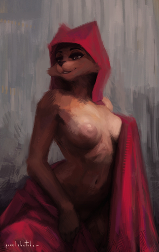 2018 anthro areola black_nose breasts brown_eyes canid canine cheek_tuft clothed clothing digital_media_(artwork) digital_painting_(artwork) facial_tuft female fox fur glistening glistening_body headdress hi_res maid_marian mammal navel nipples nude one_breast_out partially_clothed pixelsketcher puffy_areola smile solo tuft wimple // 935x1480 // 1.4MB