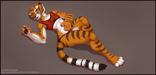 anthro biped black_border border dreamworks felid female gorsha_pendragon kung_fu_panda lying mammal master_tigress pantherine simple_background solo stripes tiger // 1413x683 // 628KB