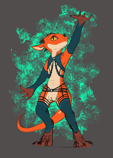 2022 anthro citrus_(character) clothing female flamespitter flat_chested genitals hi_res horn kobold legwear lingerie looking_at_viewer mostly_nude pose presenting pussy scales scalie solo standing stockings yellow_eyes // 857x1200 // 737.2KB