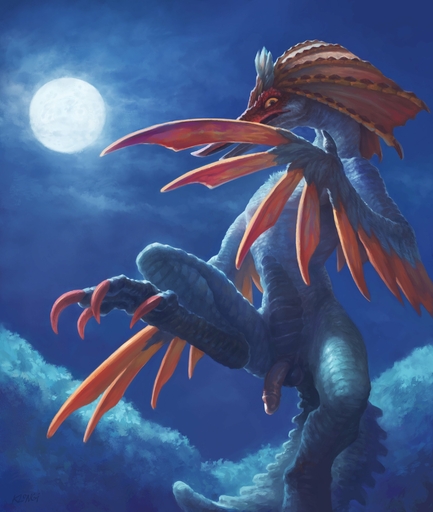 2022 absurd_res aknosom anthro balls beak biped claws digital_media_(artwork) flaccid flying_wyvern full_moon genitals hi_res humanoid_genitalia humanoid_penis klongi looking_down_at_viewer low-angle_view male moon night_sky one_leg_up outside penis raised_leg red_beak red_body scales solo toe_claws video_games white_body white_scales winged_arms wings yellow_sclera // 2605x3080 // 560.2KB