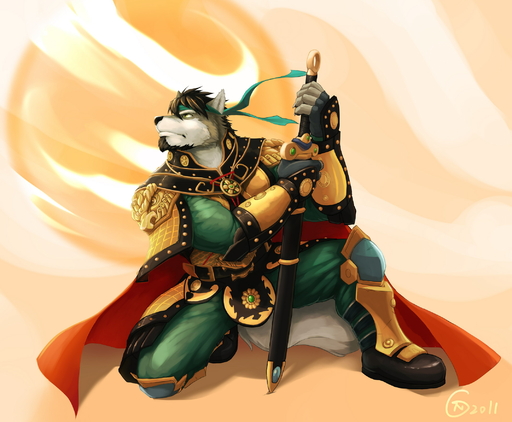 2011 anthro armor beard biped brown_hair canid canine canis facial_hair green_eyes hair hi_res kneeling male mammal manly melee_weapon muscular muscular_anthro muscular_male null-ghost pose scott_visnjic solo sword warrior weapon wolf // 2136x1760 // 437.4KB