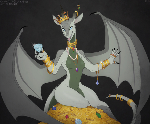 2019 5_fingers blue_eyes bracelet breasts claws coin crown diamond_(gem) digital_media_(artwork) dragon emerald_(gem) featureless_breasts female fingers gem gold_(metal) gold_coin horn_ring jewelry necklace nim-nim non-mammal_breasts nude ring ruby_(gem) sapphire_(gem) shaded smile solo spread_wings tail_jewelry tail_ring tongue tongue_out treasure wings // 1200x991 // 655.3KB