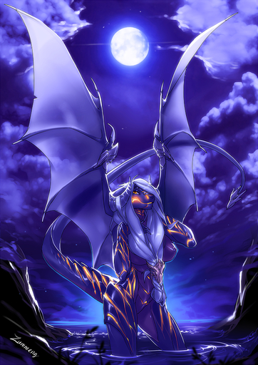 anthro blue_hair breasts dragon featureless_crotch female hair hi_res membrane_(anatomy) membranous_wings moon night nipples non-mammal_breasts outside partially_submerged sky solo standing star starry_sky water wide_hips wings zummeng // 1200x1697 // 2.6MB