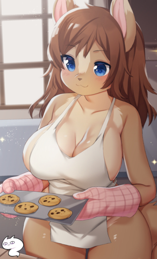 2019 anthro apron blue_eyes blush breasts brown_body brown_fur brown_hair canid clothing digital_media_(artwork) female food fur gloves hair handwear hi_res holding_food holding_object holding_tray inside mammal niniidawns shaded smile solo wide_hips window // 834x1368 // 911.1KB