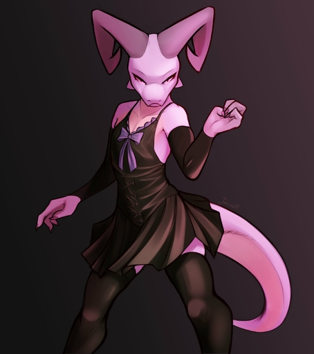 2022 4_fingers absurd_res anthro black_clothing black_dress clothed clothing dress female fingers flat_chested hi_res horn jarnqk kobold legwear looking_at_viewer lya_(jarnqk) nails pink_body pink_sclera red_eyes ribbons scalie simple_background solo thigh_highs // 2509x2832 // 233.1KB