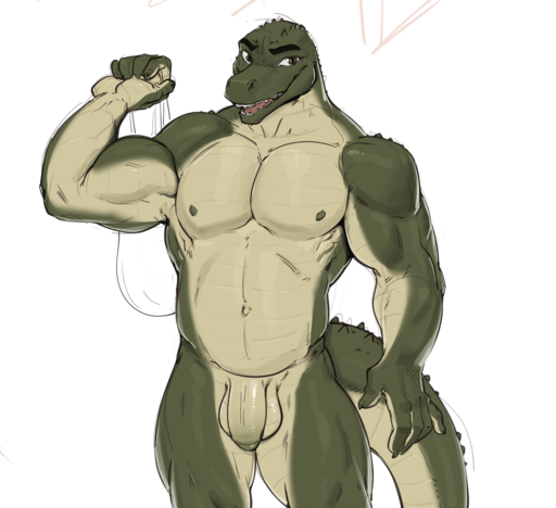 alligator alligatorid anthro balls crocodilian flaccid genitals gewitter green_body green_scales humanoid_genitalia humanoid_penis looking_at_viewer male musclegut muscular muscular_anthro non-mammal_balls open_mouth pecs penis reptile scales scalie solo standing thick_tail // 1106x1012 // 575.3KB