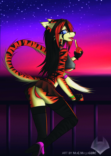 anthro blue_eyes cherry_(macmegagerc) detailed_background felid female hi_res looking_at_viewer macmegagerc mammal pantherine solo sunset tiger tongue tongue_out // 1120x1575 // 2.1MB