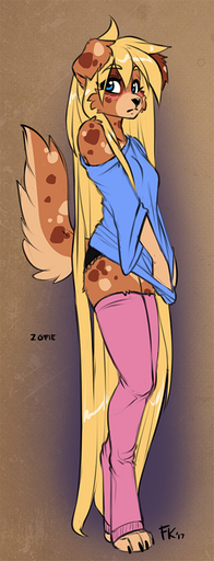 anthro blonde_hair blue_eyes blush breasts canid canine canis clothed clothing clothing_pull covering covering_self domestic_dog female fluff-kevlar hair leg_warmers legwear long_hair mammal oversized_shirt panties shirt shirt_pull small_breasts solo spots standing thigh_highs topwear topwear_pull underwear zofie // 360x939 // 151.9KB