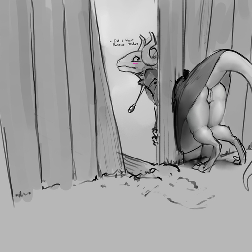 1:1 anthro black_and_white blush claws clothed clothing dragon english_text female genitals hi_res horn looking_back meandraco monochrome no_underwear pussy scalie sketch solo stuck text through_wall upskirt // 2000x2000 // 272.2KB