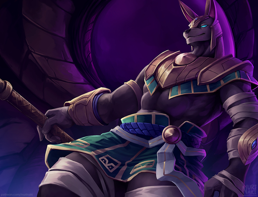 anthro anubian_jackal anubis armor canid canine canis clothing deity jackal looking_at_viewer male mammal muscular muscular_anthro muscular_male nasus_(lol) nurinaki solo video_games // 1100x839 // 945.2KB
