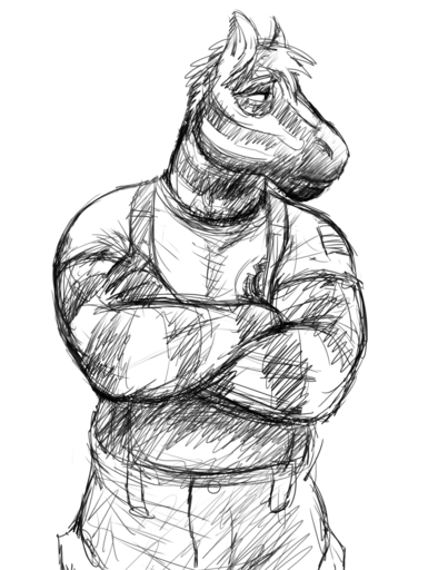 anthro black_and_white crossed_arms equid equine firefighter frown hi_res hladilnik horse male mammal mature_anthro mature_male monochrome solo zebra zebra_dad_(hladilnik) // 986x1280 // 1.1MB