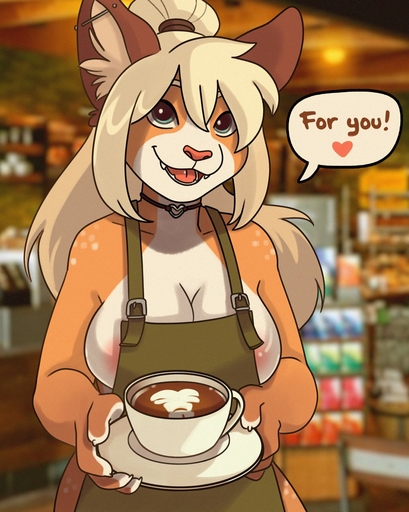2021 anthro apron apron_only areola beverage big_breasts blonde_hair breasts choker cleavage clothed clothing coffee dialogue domestic_cat ear_piercing english_text felid feline felis female freyja_(merlin) hair hi_res jewelry mammal merlinmakes mostly_nude necklace nipple_slip piercing smile solo starbucks_meme text // 1027x1285 // 209.0KB