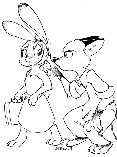 2018 3_toes absurd_res anthro barefoot black_and_white briefcase canid canine claws clothing disney dress eric_schwartz feet female fox hi_res judy_hopps lagomorph leporid male mammal monochrome nick_wilde rabbit red_fox toes vulpes zootopia // 1972x2657 // 749.3KB