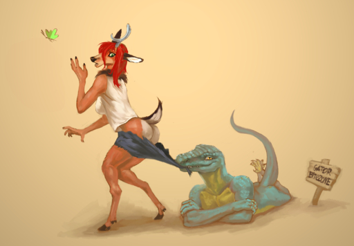 2015 ambient_arthropod ambient_butterfly ambient_insect ambiguous_gender anthro anthro_on_anthro arthropod butt butterfly cervid clothed clothing coppertone_girl duo female green_eyes hair hi_res insect interspecies klongi lepidopteran lizard looking_at_viewer mammal predatorprey red_hair reptile scalie sign simple_background submissive submissive_female teeth thick_thighs wide_hips // 2259x1570 // 1.7MB