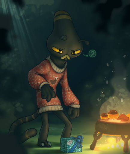 2_toes 4_fingers ? alien ambiguous_gender antennae_(anatomy) anthro background_eyes barbecue barbecutie_(kurzgesagt) black_body black_skin bottomless bow campfire christmas_clothing claws clothed clothing feet fingers fire food forest gift hi_res holidays long_tail outside plant scruffythedeer smoke solo stripes sweater toes topwear tree yellow_eyes // 1370x1617 // 2.2MB