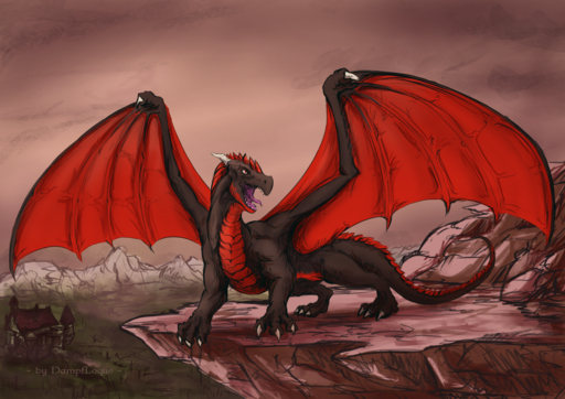 ambiguous_gender black_body black_scales claws cliff dampfloque dragon horn male membrane_(anatomy) membranous_wings mountain outside red_eyes scales sky solo standing tongue wings // 1363x964 // 1.5MB