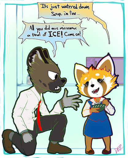 2020 absurd_res aggressive_retsuko ailurid angry bottomwear clothed clothing dep dialogue dress dress_shirt duo english_text female food fully_clothed haida hi_res hyaenid kneeling male mammal red_panda retsuko sanrio shirt skirt spotted_hyena suit text topwear // 3552x4358 // 6.3MB