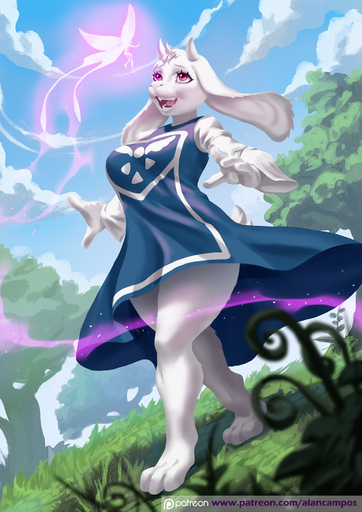 2018 alanscampos anthro boss_monster bovid breasts caprine clothed clothing cloud digital_media_(artwork) english_text fairy female fur grass happy hi_res horn long_ears mammal open_mouth open_smile outside patreon_logo plant sky smile solo spirit text toriel tree url video_games white_body white_fur // 1414x2000 // 1.3MB