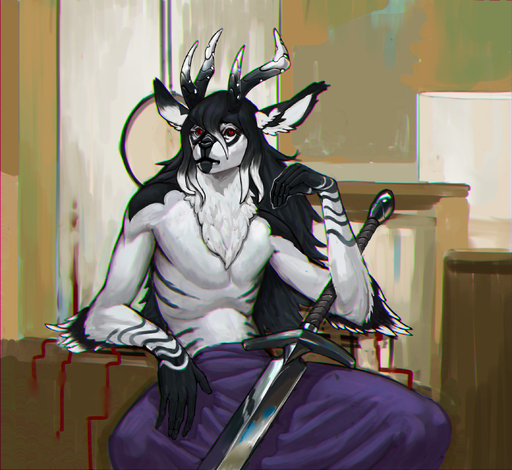 anthro antlers arm_tuft black_hair black_nose black_sclera black_stripes blood bodily_fluids cervid chair chest_tuft chromatic_aberration elbow_tufts facial_markings fur furniture hair head_markings hi_res horn inner_ear_fluff male mammal markings melee_weapon nebaglubina pupils red_eyes slit_pupils solo stripes sword throne tuft weapon white_body white_fur // 2295x2106 // 3.8MB