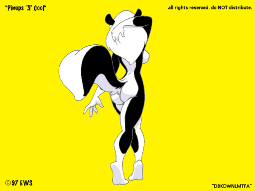 1997 4:3 anthro breasts butt eric_schwartz female hair mammal mephitid nude pinup pose side_boob simple_background skunk solo stacey_(disambiguation) text white_hair yellow_background // 800x600 // 9.6KB