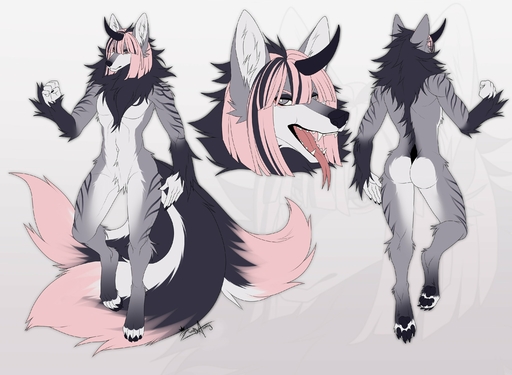 4_toes 5_fingers canid canine digital_media_(artwork) feet fingers fur grey_body grey_fur hair hazakyaracely hi_res horn hybrid mammal model_sheet multi_tail open_mouth pink_hair simple_background solo teeth toes tongue white_background // 3000x2200 // 496KB