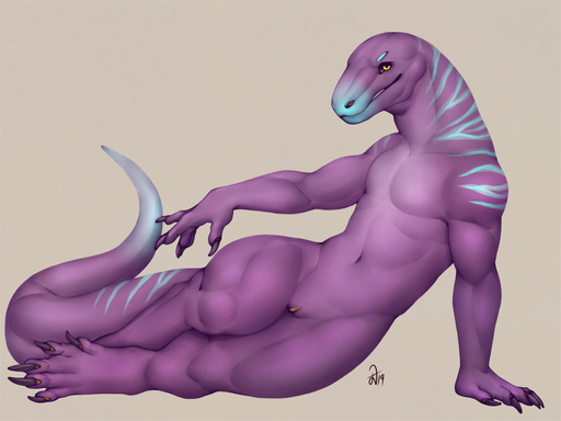 4:3 andromorph anthro claws deormynd genitals intersex lizard nude pecs pinup pose purple_body purple_scales pussy reptile scales scalie smile solo thick_tail toe_claws wide_hips yellow_eyes // 1280x960 // 1.1MB