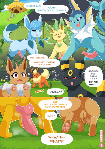 animal_genitalia animal_penis canine_penis comic dialogue eeveelution english_text erection female feral genitals glaceon grass group hi_res hut jolteon leafeon male malefemale nikkibunn penis plant pokemon_(species) pussy smug speech_bubble surprised_expression tapering_penis text umbreon vaporeon video_games // 904x1280 // 379.1KB