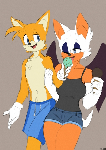 canid canine chiropteran dessert duo female food fox foxboy83 hi_res ice_cream male mammal miles_prower one_eye_closed rouge_the_bat wink // 1448x2048 // 454.7KB