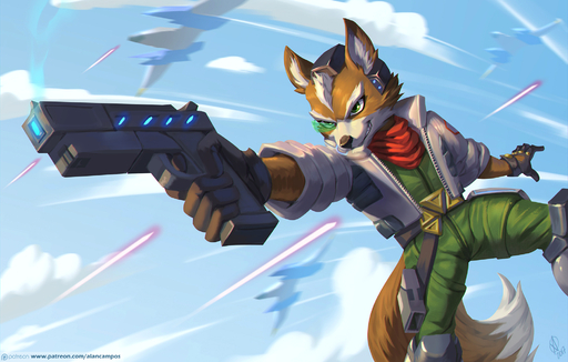 2017 5_fingers alanscampos anthro arwing belt black_nose brown_body brown_fur canid canine clothed clothing cloud day dipstick_tail english_text fingers fox fox_mccloud fully_clothed fur gloves green_eyes gun handwear hi_res holding_gun holding_object holding_weapon jacket male mammal markings multicolored_body multicolored_fur multicolored_tail ranged_weapon scarf sky smile solo standing tail_markings text topwear url video_games weapon white_body white_fur // 2000x1273 // 1.0MB