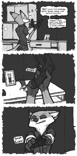 anthro canid canine clothing comic dialogue disney english_text fox gun hi_res luraiokun male mammal monochrome nick_wilde ranged_weapon text weapon zootopia // 950x1920 // 1.4MB