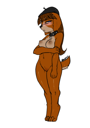 anthro avante92 black_nose blue_eyes blush breasts brown_body brown_fur brown_hair canid canine canis collar domestic_dog female fur genitals hair hi_res mammal nipples nude pussy solo // 1280x1829 // 310KB