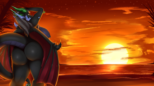 16:9 anthro beach big_breasts big_butt breasts butt curvy_figure dragon female hair harnny hi_res horn nipples non-mammal_breasts outside rear_view scalie seaside solo standing sunset thick_thighs voluptuous wings // 1920x1080 // 1.2MB
