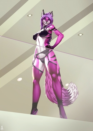 alanscampos anthro bra breasts canid canine clothed clothing female fox fur hair hi_res legwear long_hair looking_at_viewer mammal nipple_outline panties pink_body pink_fur purple_hair selene_leni skimpy smile solo stockings stripes underwear // 905x1280 // 112.7KB