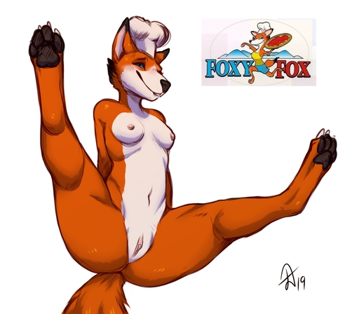 2019 anthro belly black_nose black_pawpads blue_eyes blush breasts canid canine chef_hat claws clothing deormynd digitigrade english_text female food fox genitals hat hat_only headgear headgear_only headwear headwear_only mammal mascot mostly_nude navel nipples pawpads pizza pussy red_fox simple_background smile solo spread_legs spreading text toe_claws vulpes white_background white_belly // 1000x875 // 396.0KB