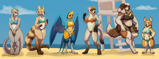 accessory anthro avian barrel beach beak belly_rolls bikini bird bird_feet black-footed_ferret blue_body blue_feathers bottomwear brown_body brown_fur brynne canid canine canis clara_(disambiguation) claws clothing cloud conditional_dnp detailed_background digitigrade domestic_dog domestic_ferret feathers female fur gloria green_eyes group gwen hair hair_accessory hairband hands_on_hips herding_dog hi_res hindpaw ladder leaning looking_at_viewer lutrine macropod mammal marsupial molosser mountain_dog mustela mustelid musteline navel open_mouth orange_eyes outside pastoral_dog paws ponytail pudgy_belly saint_bernard sand sea seaside sefeiren short shy size_difference sky slightly_chubby slim standing swimwear tall thick_thighs tongue true_musteline wallaby water welsh_corgi whiskers white_body white_fur wide_hips wings yellow-footed_rock-wallaby yellow_body yellow_eyes yellow_feathers // 2118x800 // 1.2MB