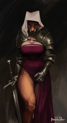 2017 anthro armor big_breasts biped breasts canid canine chainmail claymore cleavage clitoris clothed clothing cross digital_media_(artwork) digital_painting_(artwork) dress female flashing flashing_pussy fox genitals hi_res jewelry knight looking_at_viewer maid_marian mammal melee_weapon necklace pixelsketcher plate_armor presenting presenting_pussy pussy solo sword warrior weapon wimple // 770x1415 // 1.0MB