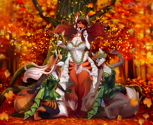 2020 anthro black_body black_fur breasts canid canine canis clothed clothing day detailed_background digital_media_(artwork) female forest fox fur grass kacey_(lonely_howler) mammal navel outside plant sorafoxyteils tree tril-mizzrim wolf // 1280x1045 // 2.3MB