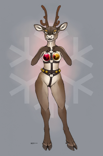 2016 anthro antlers brown_body brown_fur capreoline cervid covering covering_breasts covering_self ecmajor female full-length_portrait fur harness hi_res hooves horn looking_at_viewer mammal open_mouth open_smile portrait reindeer simple_background smile solo traditional_media_(artwork) // 1207x1823 // 1.7MB