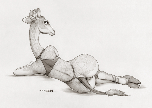 2017 anthro anus big_butt bottomless butt clothed clothing ecmajor eyelashes female fur genitals giraffe giraffid greyscale hi_res hooves looking_back mammal monochrome pussy simple_background smile solo wide_hips // 1772x1265 // 3.1MB