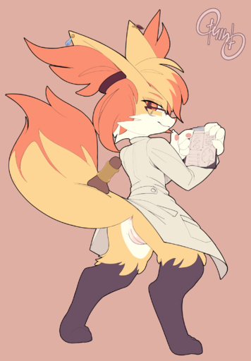 anthro anus biped bottomless bottomless_anthro bottomless_female braixen clothed clothing coat digitigrade female generation_6_pokemon genitals hi_res lab_coat looking_at_viewer looking_back low-angle_view pokemon_(species) pussy quinto topwear video_games // 1500x2160 // 652.2KB