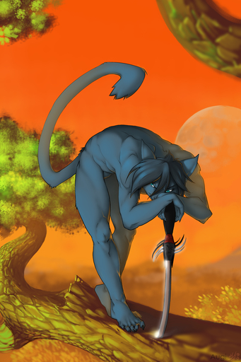 2:3 blue_body blue_eyes blue_fur blue_hair branch claws detailed_background domestic_cat felid feline felis forest fur hair hi_res in_tree male mammal melee_weapon moon mountain muscular muscular_male nude orange_sky outside patto plant short_hair sky solo sword tree weapon wood // 800x1200 // 834.6KB