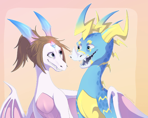 2019 5:4 blue_body blue_eyes blue_scales brown_hair digital_media_(artwork) dragon duo female feral hair hi_res horn icelectricspyro male membrane_(anatomy) membranous_wings open_mouth scales scalie simple_background spines teeth tongue western_dragon wings // 2000x1600 // 1.1MB