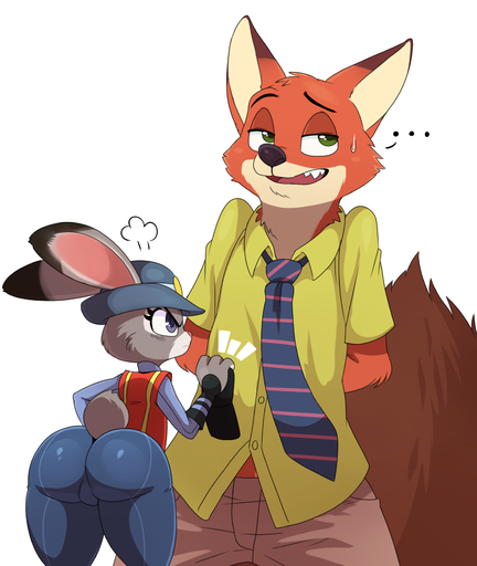 2015 anthro big_butt bodily_fluids bottomwear butt canid canine clothed clothing disney duo female fox fully_clothed fur green_eyes hi_res judy_hopps lagomorph leporid male mammal necktie nick_wilde pants police purple_eyes rabbit shirt short_stack simple_background smile sssonic2 sweat sweatdrop topwear uniform white_background zootopia // 1425x1688 // 767.0KB
