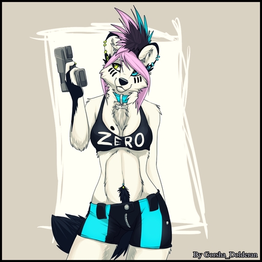 1:1 anthro black_border body_hair border bottomwear breasts canid canine canis cleavage clothed clothing collar ear_piercing female gorsha_(character) gorsha_pendragon gun hair handgun happy_trail heterochromia holding_gun holding_object holding_weapon mammal multicolored_hair navel navel_piercing piercing pistol punk ranged_weapon shorts skimpy solo weapon wolf // 1040x1040 // 308.7KB