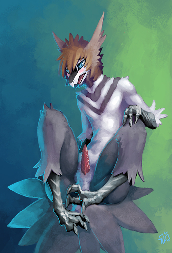 anthro avesriim avian biped bird_feet blue_eyes claws erection ezekiel_(zerolativity) feathers male nude open_mouth penis scuted_arms scutes simple_background sitting solo tail_feathers talons toe_claws zerolativity // 679x1000 // 433.4KB