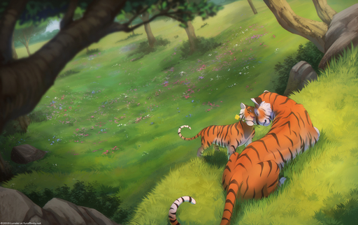2019 ambiguous_gender cub day detailed_background digital_media_(artwork) duo felid feral flower_in_mouth fur lunalei mammal nuzzling orange_body orange_fur outside pantherine plant striped_body striped_fur stripes tiger tree young // 1280x806 // 1.3MB