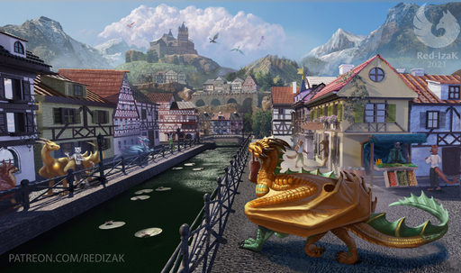 2021 3d_(artwork) amazing_background ambiguous_gender anthro avian biped blue_body blue_eyes blue_scales brown_body brown_fur canal castle city cityscape claws cloud day detailed_background digital_drawing_(artwork) digital_media_(artwork) digitigrade dragon feathers feral finger_claws fur green_body green_scales group gryphon hi_res horn izora lily_pad membrane_(anatomy) membranous_wings mountain mythological_avian outside plant quadruped red-izak red_body red_feathers scales scalie shaded sky smonia toe_claws water wings yellow_body yellow_scales // 2000x1185 // 1.9MB